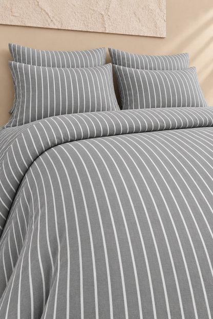 Alba Pamuklu Tek Kişilik Lastikli Çarşaflı Nevresim Takımı 160x220 Çizgili Desen