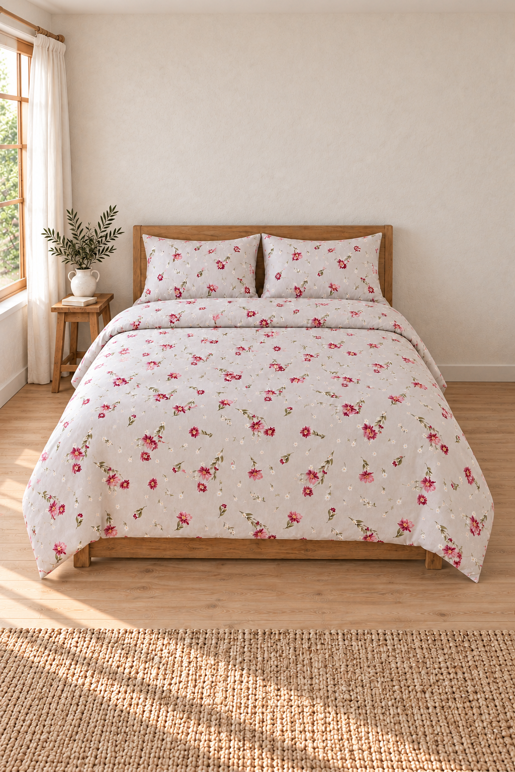 Oile Home Flower Pamuk Lastikli Çarşaflı Nevresim Takımı pudra