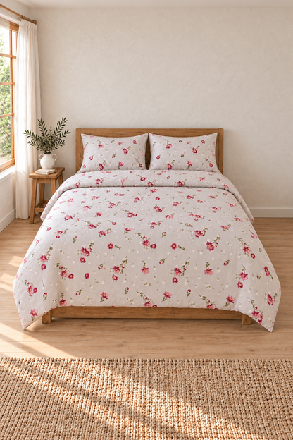 Oile Home Flower Pamuk Lastikli Çarşaflı Nevresim Takımı pudra