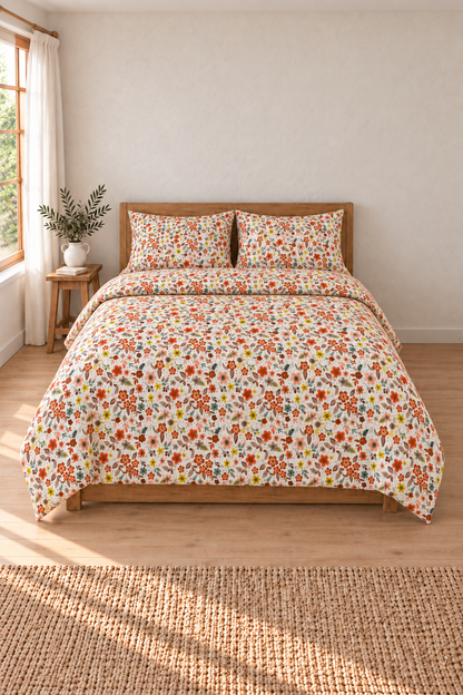 Oile Home Flower Pamuk Lastikli Çarşaflı Nevresim Takımı çok renkli