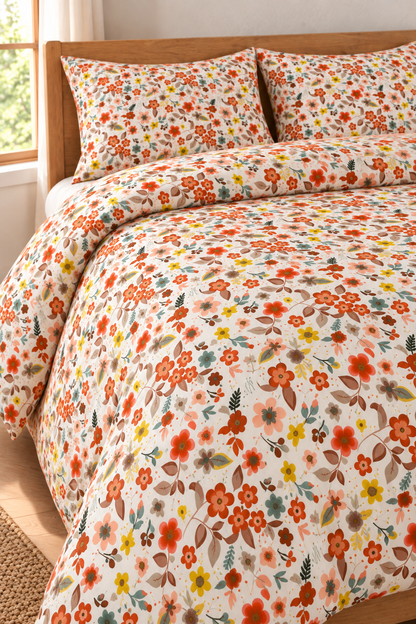 Flower Turuncu %100 Pamuk Tek Kişilik Lastikli Çarşaflı Nevresim Takımı 160x220 Çiçekli Desen İlik Düğmeli