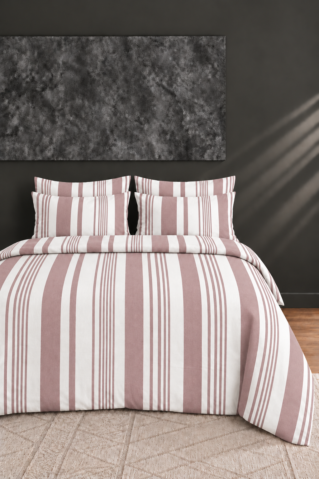 Oile Home Çizgili Pamuklu Lastikli Çarşaflı Nevresim Takımı pudra