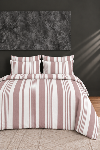 Oile Home Çizgili Pamuklu Lastikli Çarşaflı Nevresim Takımı pudra