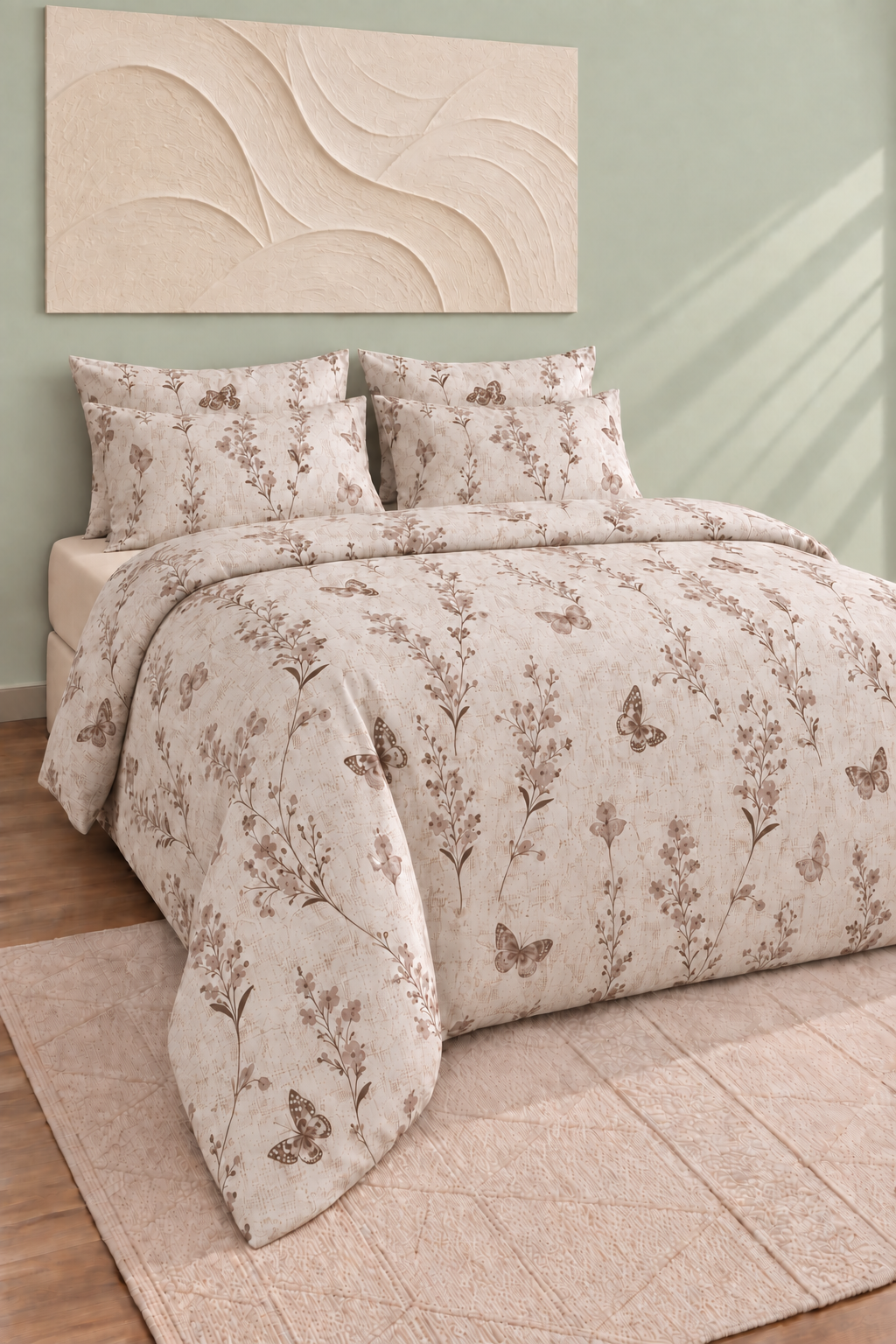 Kelebek Pamuklu Çift Kişilik Lastikli Çarşaflı Nevresim Takımı 200x220